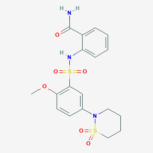 molecular formula C18H21N3O6S2 B4989990 2-({[5-(1,1-dioxido-1,2-thiazinan-2-yl)-2-methoxyphenyl]sulfonyl}amino)benzamide 