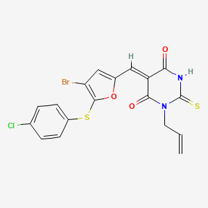 molecular formula C18H12BrClN2O3S2 B4989991 1-allyl-5-({4-bromo-5-[(4-chlorophenyl)thio]-2-furyl}methylene)-2-thioxodihydro-4,6(1H,5H)-pyrimidinedione 