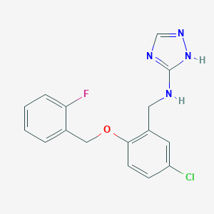 molecular formula C16H14ClFN4O B499141 N-{5-chloro-2-[(2-fluorobenzyl)oxy]benzyl}-1H-1,2,4-triazol-3-amine 