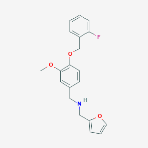 molecular formula C20H20FNO3 B499353 1-{4-[(2-fluorobenzyl)oxy]-3-methoxyphenyl}-N-(furan-2-ylmethyl)methanamine 