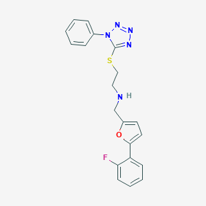 molecular formula C20H18FN5OS B499642 N-{[5-(2-fluorophenyl)furan-2-yl]methyl}-2-[(1-phenyl-1H-tetrazol-5-yl)sulfanyl]ethanamine 