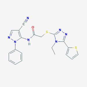 molecular formula C20H17N7OS2 B500116 N-(4-cyano-1-phenyl-1H-pyrazol-5-yl)-2-{[4-ethyl-5-(2-thienyl)-4H-1,2,4-triazol-3-yl]sulfanyl}acetamide 