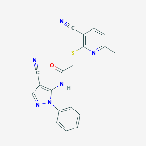 molecular formula C20H16N6OS B500120 2-[(3-cyano-4,6-dimethyl-2-pyridinyl)sulfanyl]-N-(4-cyano-1-phenyl-1H-pyrazol-5-yl)acetamide 