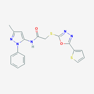 molecular formula C18H15N5O2S2 B500150 N-(3-methyl-1-phenyl-1H-pyrazol-5-yl)-2-{[5-(2-thienyl)-1,3,4-oxadiazol-2-yl]sulfanyl}acetamide 