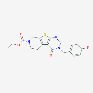 molecular formula C19H18FN3O3S B500163 ethyl 3-(4-fluorobenzyl)-4-oxo-3,5,6,8-tetrahydropyrido[4',3':4,5]thieno[2,3-d]pyrimidine-7(4H)-carboxylate 