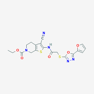 molecular formula C19H17N5O5S2 B500170 ethyl 3-cyano-2-[({[5-(2-furyl)-1,3,4-oxadiazol-2-yl]sulfanyl}acetyl)amino]-4,7-dihydrothieno[2,3-c]pyridine-6(5H)-carboxylate 