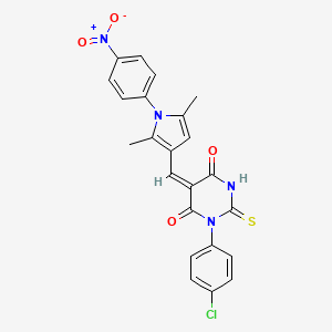 (5E)-1-(4-chlorophenyl)-5-[[2,5-dimethyl-1-(4-nitrophenyl)pyrrol-3-yl]methylidene]-2-sulfanylidene-1,3-diazinane-4,6-dione