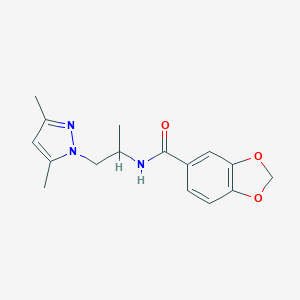 molecular formula C16H19N3O3 B500248 N-[2-(3,5-dimethyl-1H-pyrazol-1-yl)-1-methylethyl]-1,3-benzodioxole-5-carboxamide CAS No. 942875-03-8