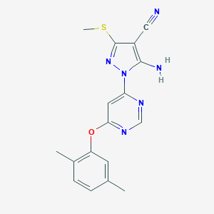 molecular formula C17H16N6OS B500606 5-amino-1-[6-(2,5-dimethylphenoxy)-4-pyrimidinyl]-3-(methylsulfanyl)-1H-pyrazole-4-carbonitrile 