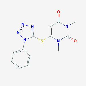 molecular formula C13H12N6O2S B500953 1,3-dimethyl-6-[(1-phenyl-1H-tetraazol-5-yl)sulfanyl]-2,4(1H,3H)-pyrimidinedione 