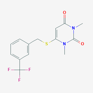 molecular formula C14H13F3N2O2S B500955 1,3-dimethyl-6-{[3-(trifluoromethyl)benzyl]sulfanyl}-2,4(1H,3H)-pyrimidinedione 