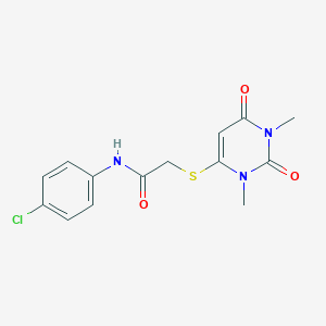 molecular formula C14H14ClN3O3S B500956 N-(4-chlorophenyl)-2-[(1,3-dimethyl-2,6-dioxo-1,2,3,6-tetrahydro-4-pyrimidinyl)sulfanyl]acetamide 