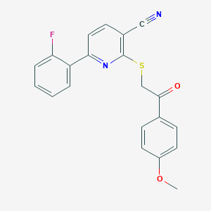 molecular formula C21H15FN2O2S B501164 6-(2-Fluorophenyl)-2-{[2-(4-methoxyphenyl)-2-oxoethyl]sulfanyl}nicotinonitrile 