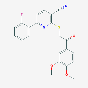 molecular formula C22H17FN2O3S B501176 2-{[2-(3,4-Dimethoxyphenyl)-2-oxoethyl]sulfanyl}-6-(2-fluorophenyl)nicotinonitrile 