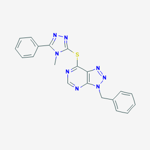 molecular formula C20H16N8S B501378 3-benzyl-3H-[1,2,3]triazolo[4,5-d]pyrimidin-7-yl 4-methyl-5-phenyl-4H-1,2,4-triazol-3-yl sulfide 