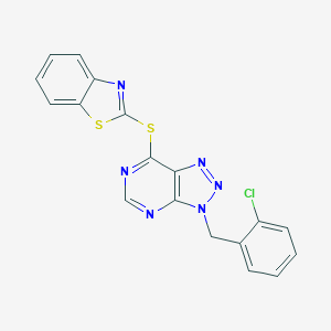 molecular formula C18H11ClN6S2 B501387 1,3-benzothiazol-2-yl 3-(2-chlorobenzyl)-3H-[1,2,3]triazolo[4,5-d]pyrimidin-7-yl sulfide 