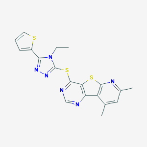 molecular formula C19H16N6S3 B501394 7,9-dimethylpyrido[3',2':4,5]thieno[3,2-d]pyrimidin-4-yl 4-ethyl-5-(2-thienyl)-4H-1,2,4-triazol-3-yl sulfide 