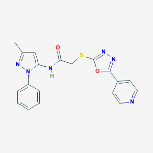 molecular formula C19H16N6O2S B501401 N-(3-methyl-1-phenyl-1H-pyrazol-5-yl)-2-{[5-(4-pyridinyl)-1,3,4-oxadiazol-2-yl]sulfanyl}acetamide 