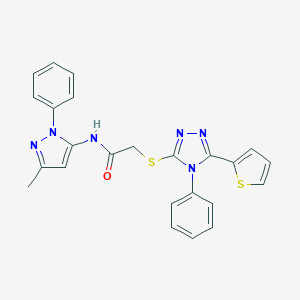 molecular formula C24H20N6OS2 B501407 N-(3-methyl-1-phenyl-1H-pyrazol-5-yl)-2-{[4-phenyl-5-(2-thienyl)-4H-1,2,4-triazol-3-yl]sulfanyl}acetamide 