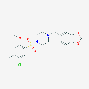 molecular formula C21H25ClN2O5S B501666 1-[(2H-1,3-benzodioxol-5-yl)methyl]-4-(5-chloro-2-ethoxy-4-methylbenzenesulfonyl)piperazine CAS No. 944775-73-9