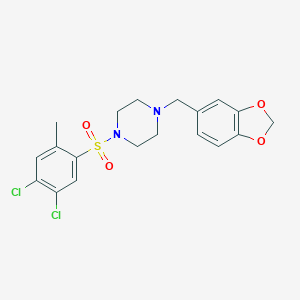 molecular formula C19H20Cl2N2O4S B501672 1-(1,3-Benzodioxol-5-ylmethyl)-4-[(4,5-dichloro-2-methylphenyl)sulfonyl]piperazine CAS No. 944775-82-0