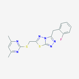 molecular formula C17H15FN6S2 B501762 4,6-Dimethyl-2-pyrimidinyl [3-(2-fluorobenzyl)[1,2,4]triazolo[3,4-b][1,3,4]thiadiazol-6-yl]methyl sulfide 