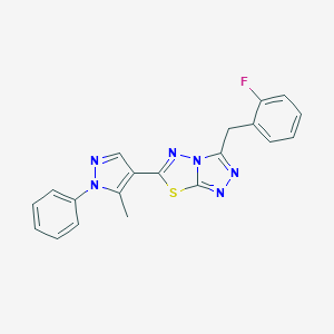 molecular formula C20H15FN6S B501774 3-(2-fluorobenzyl)-6-(5-methyl-1-phenyl-1H-pyrazol-4-yl)[1,2,4]triazolo[3,4-b][1,3,4]thiadiazole 