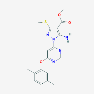 molecular formula C18H19N5O3S B501777 methyl 5-amino-1-[6-(2,5-dimethylphenoxy)-4-pyrimidinyl]-3-(methylsulfanyl)-1H-pyrazole-4-carboxylate 