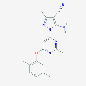molecular formula C18H18N6O B501780 5-amino-1-[6-(2,5-dimethylphenoxy)-2-methyl-4-pyrimidinyl]-3-methyl-1H-pyrazole-4-carbonitrile 