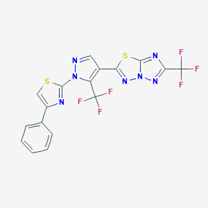 molecular formula C17H7F6N7S2 B501820 2-[1-(4-phenyl-1,3-thiazol-2-yl)-5-(trifluoromethyl)-1H-pyrazol-4-yl]-6-(trifluoromethyl)[1,2,4]triazolo[5,1-b][1,3,4]thiadiazole 