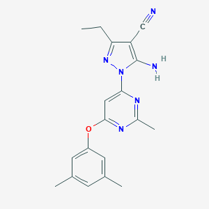 molecular formula C19H20N6O B501837 5-amino-1-[6-(3,5-dimethylphenoxy)-2-methyl-4-pyrimidinyl]-3-ethyl-1H-pyrazole-4-carbonitrile 