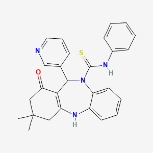 molecular formula C27H26N4OS B5019580 3,3-dimethyl-1-oxo-N-phenyl-11-(3-pyridinyl)-1,2,3,4,5,11-hexahydro-10H-dibenzo[b,e][1,4]diazepine-10-carbothioamide 