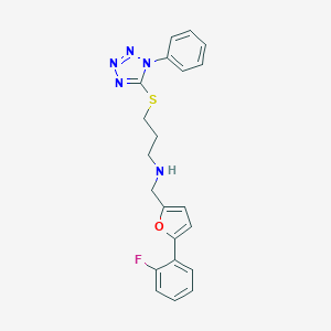 molecular formula C21H20FN5OS B502276 N-{[5-(2-fluorophenyl)-2-furyl]methyl}-N-{3-[(1-phenyl-1H-tetraazol-5-yl)sulfanyl]propyl}amine 