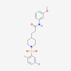 molecular formula C22H27FN2O4S B5024191 3-{1-[(5-fluoro-2-methylphenyl)sulfonyl]-4-piperidinyl}-N-(3-methoxyphenyl)propanamide 