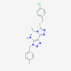 molecular formula C21H22ClN7S B502561 4-{5-[(4-chlorobenzyl)sulfanyl]-4-ethyl-4H-1,2,4-triazol-3-yl}-1-(4-methylbenzyl)-1H-1,2,3-triazol-5-ylamine 