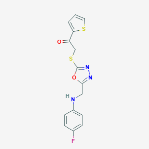 molecular formula C15H12FN3O2S2 B502568 2-({5-[(4-Fluoroanilino)methyl]-1,3,4-oxadiazol-2-yl}sulfanyl)-1-(2-thienyl)ethanone 