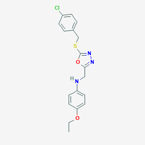 molecular formula C18H18ClN3O2S B502573 N-({5-[(4-chlorobenzyl)sulfanyl]-1,3,4-oxadiazol-2-yl}methyl)-N-(4-ethoxyphenyl)amine 