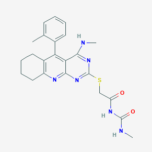 molecular formula C23H26N6O2S B502579 N-methyl-N'-({[4-(methylamino)-5-(2-methylphenyl)-6,7,8,9-tetrahydropyrimido[4,5-b]quinolin-2-yl]sulfanyl}acetyl)urea 