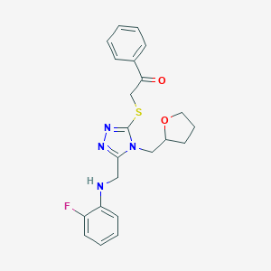 molecular formula C22H23FN4O2S B502604 2-{[5-[(2-fluoroanilino)methyl]-4-(tetrahydro-2-furanylmethyl)-4H-1,2,4-triazol-3-yl]sulfanyl}-1-phenylethanone 