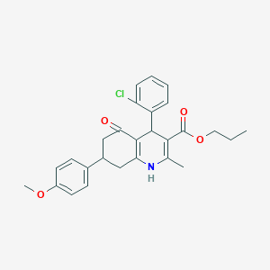 molecular formula C27H28ClNO4 B5026105 propyl 4-(2-chlorophenyl)-7-(4-methoxyphenyl)-2-methyl-5-oxo-1,4,5,6,7,8-hexahydro-3-quinolinecarboxylate 