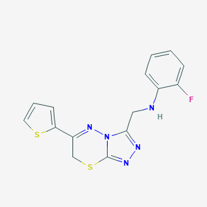 molecular formula C15H12FN5S2 B502613 2-fluoro-N-{[6-(2-thienyl)-7H-[1,2,4]triazolo[3,4-b][1,3,4]thiadiazin-3-yl]methyl}aniline 