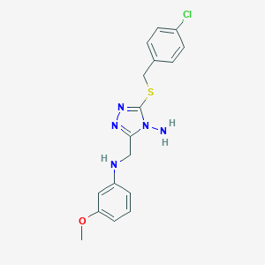 molecular formula C17H18ClN5OS B502619 3-[(4-chlorobenzyl)sulfanyl]-5-[(3-methoxyanilino)methyl]-4H-1,2,4-triazol-4-amine 