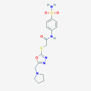 molecular formula C15H19N5O4S2 B502622 N-[4-(aminosulfonyl)phenyl]-2-{[5-(1-pyrrolidinylmethyl)-1,3,4-oxadiazol-2-yl]sulfanyl}acetamide 
