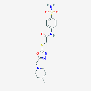 molecular formula C17H23N5O4S2 B502623 N-[4-(aminosulfonyl)phenyl]-2-({5-[(4-methyl-1-piperidinyl)methyl]-1,3,4-oxadiazol-2-yl}sulfanyl)acetamide 