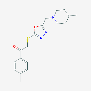 molecular formula C18H23N3O2S B502626 1-(4-Methylphenyl)-2-({5-[(4-methyl-1-piperidinyl)methyl]-1,3,4-oxadiazol-2-yl}sulfanyl)ethanone 