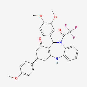 molecular formula C30H27F3N2O5 B5026315 11-(3,4-dimethoxyphenyl)-3-(4-methoxyphenyl)-10-(trifluoroacetyl)-2,3,4,5,10,11-hexahydro-1H-dibenzo[b,e][1,4]diazepin-1-one 