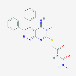 molecular formula C23H21N7O2S B502656 N-{[(5-imino-6-methyl-3,4-diphenyl-5,6-dihydropyrimido[4,5-c]pyridazin-7-yl)sulfanyl]acetyl}-N'-methylurea 
