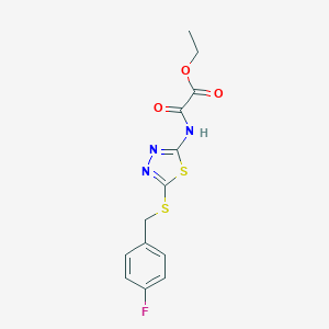 molecular formula C13H12FN3O3S2 B502730 Ethyl ({5-[(4-fluorobenzyl)sulfanyl]-1,3,4-thiadiazol-2-yl}amino)(oxo)acetate 
