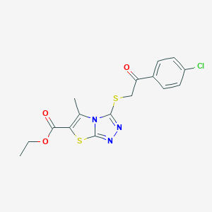 molecular formula C16H14ClN3O3S2 B502837 Ethyl 3-{[2-(4-chlorophenyl)-2-oxoethyl]sulfanyl}-5-methyl[1,3]thiazolo[2,3-c][1,2,4]triazole-6-carboxylate 