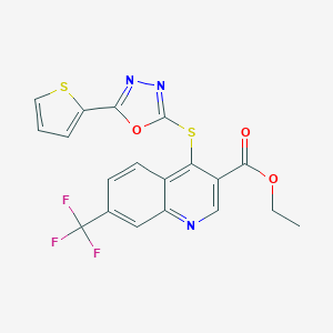 molecular formula C19H12F3N3O3S2 B502895 Ethyl 4-{[5-(2-thienyl)-1,3,4-oxadiazol-2-yl]sulfanyl}-7-(trifluoromethyl)-3-quinolinecarboxylate 